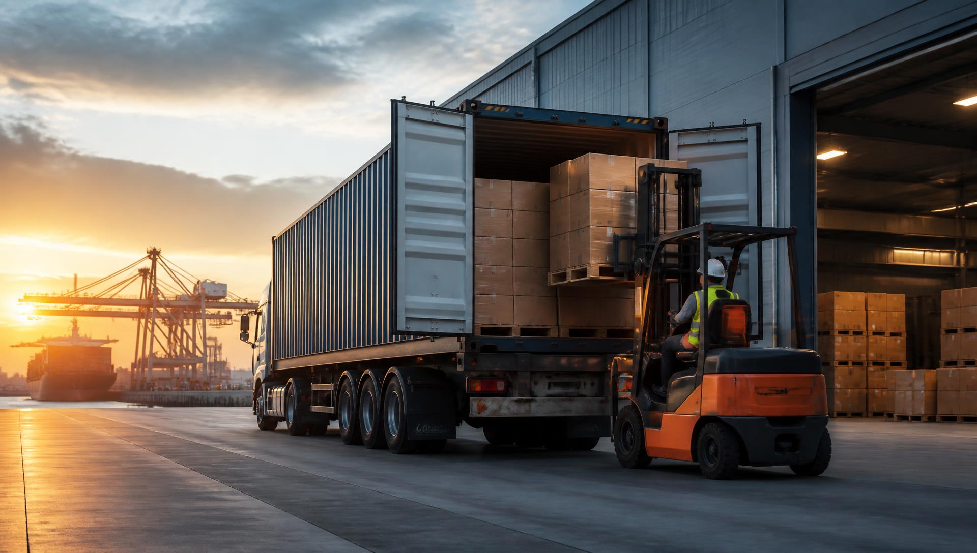 Doca de embarque com container sendo carregado com caixas de suprimentos