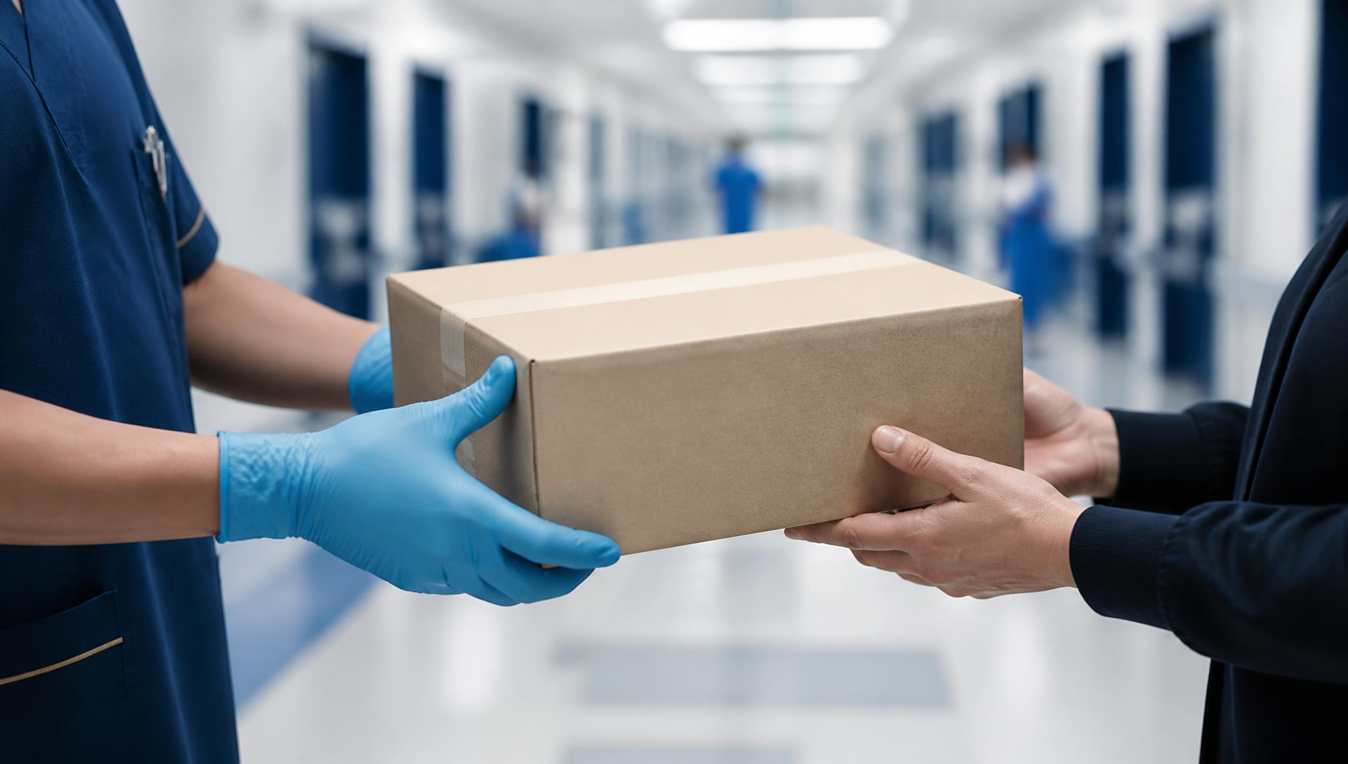 Profissional de saúde recebendo uma caixa de suprimentos na entrada da clínica